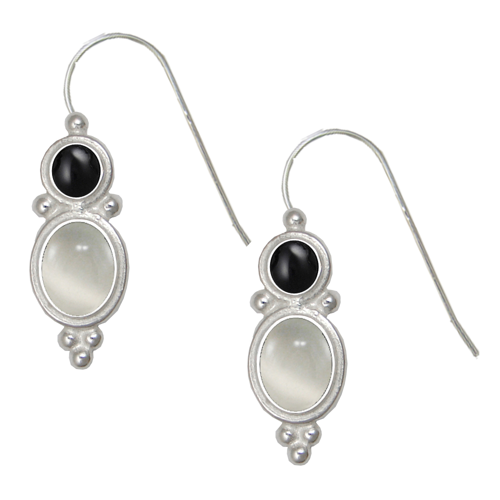 Sterling Silver Drop Dangle Earrings White Moonstone And Black Onyx